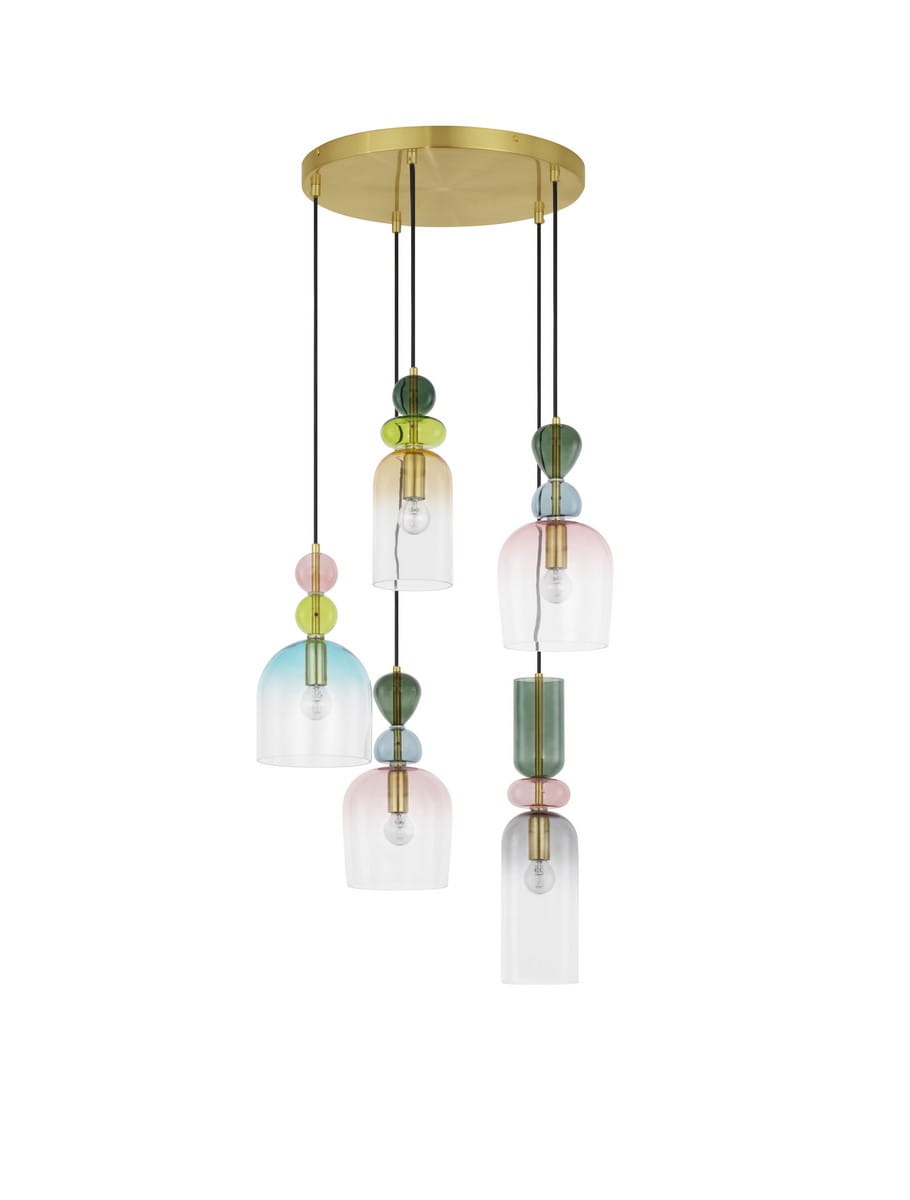 Lampa wisząca Balam 5xE14 w kolorze złotym, z pięcioma szklanymi kloszami w pastelowych odcieniach różu, błękitu i zieleni, zawieszona na czarnych linkach. Metalowa podsufitka w złotym kolorze. Idealna do nowoczesnych wnętrz.
