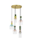 Lampa wisząca Balam 5xE14 w kolorze złotym, z pięcioma szklanymi kloszami w pastelowych odcieniach różu, błękitu i zieleni, zawieszona na czarnych linkach. Metalowa podsufitka w złotym kolorze. Idealna do nowoczesnych wnętrz.