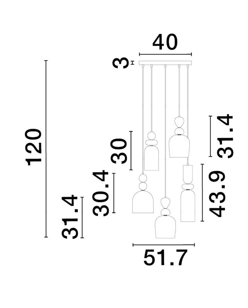 Lampa wisząca Balam w kolorze złotym, z pięcioma źródłami światła E14. Wymiary: długość 120 cm, szerokość 51,7 cm. Okrągłe i prostokątne klosze wiszące na linkach o różnych długościach, z dekoracyjnymi elementami.