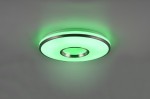 Plafon Realta z pilotem, RGB, 1xLED/24W, wykonany z aluminium. Okrągły kształt z zielonym podświetleniem oraz metalicznym obrzeżem. Zawieszony na gładkim tle, ukazuje nowoczesny design i możliwość zmiany kolorów.