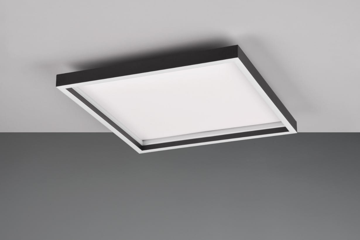 Plafon Rotonda 1xLED/20W w kolorze czarnym, o prostokątnym kształcie, montowany na suficie. Wnętrze z białym, matowym panelem LED. Widok z góry, ukazujący delikatnie zaokrąglone krawędzie i minimalistyczny design. Tło w odcieniach szarości.