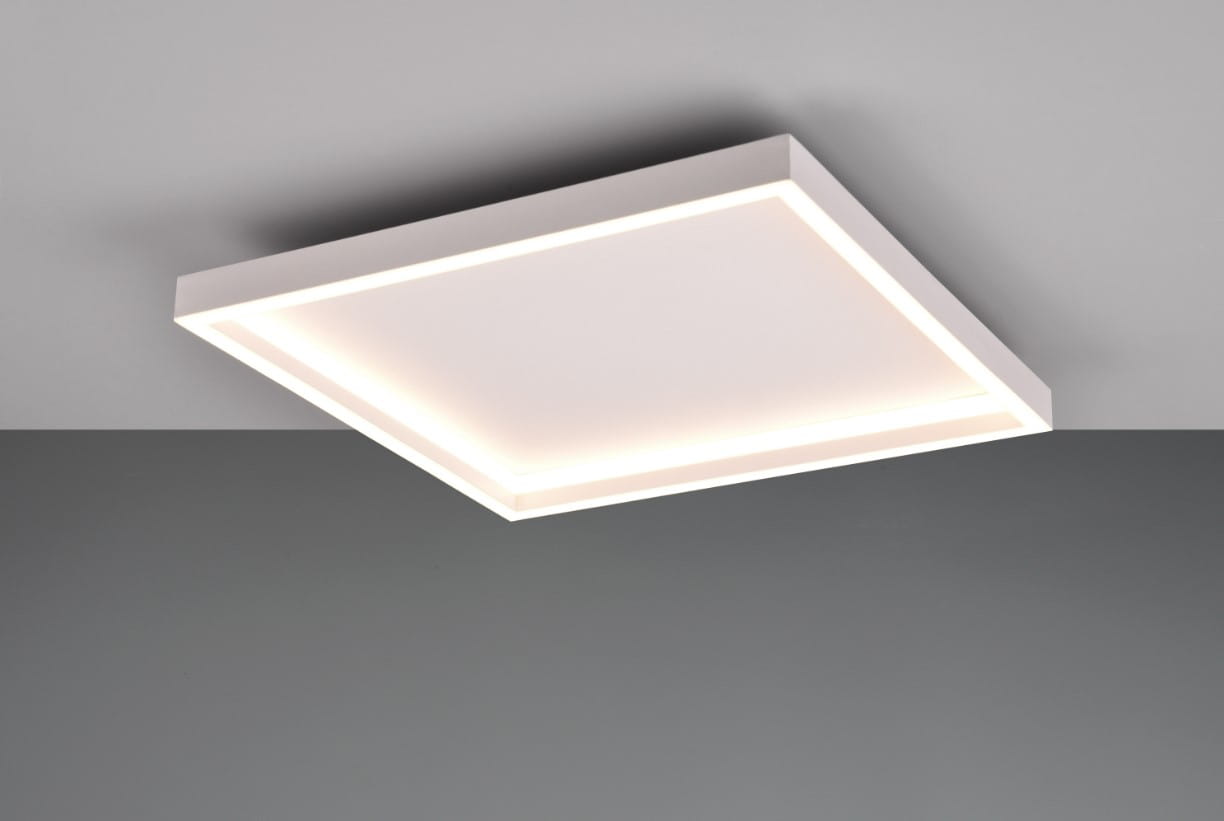 Plafon Rotonda 1xLED/20W w kolorze białym, kwadratowy kształt, zamontowany na suficie. Lampka z delikatnym podświetleniem krawędzi, wykonana z materiału o gładkiej fakturze. Prosty design, idealny do nowoczesnych wnętrz.