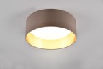 Plafon Locarno 1xLED/12W w kolorze szarym, okrągły kształt z materiałowym wykończeniem. Widoczna biała dioda LED wewnątrz, która emituje ciepłe światło. Zamontowany do sufitu, z delikatnym wykończeniem wokół krawędzi.
