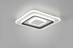 Plafon Jora z pilotem, z białego materiału, w kształcie kwadratu z czarną ramką. Oświetlenie LED o mocy 46W, zamontowane na suficie. Widoczny jest nowoczesny design oraz dwa poziomy, co podkreśla jego elegancję.