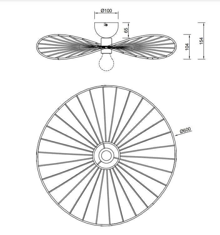 Lampa sufitowa Chapeau w kolorze czarnym, z pojedynczym źródłem światła E27. Kształt okrągły z podziałami, średnica 60 cm, wysokość 15,4 cm. Ujęcie z góry ukazuje szczegóły konstrukcji i wymiary.
