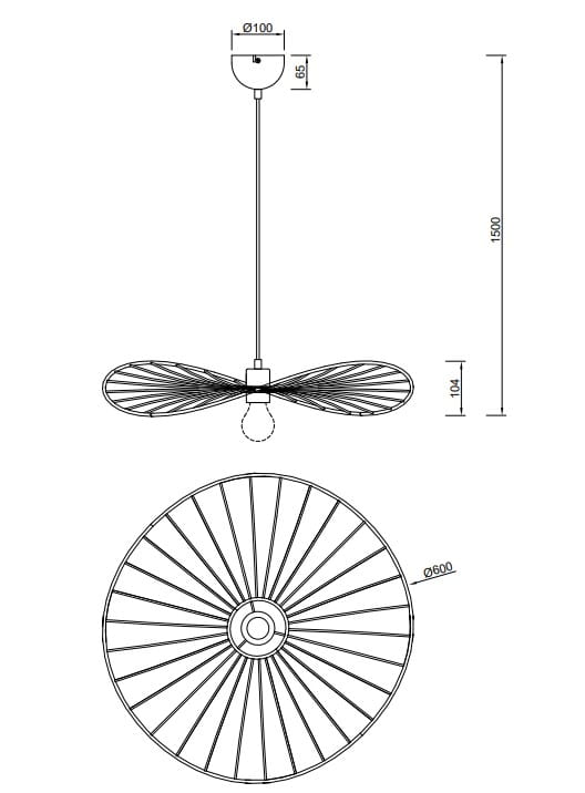 Lampa wisząca Chapeau w kolorze czarnym z jedną oprawą E27. Posiada okrągły klosz o średnicy 60 cm oraz dwa skrzydła w kształcie liści. Długość całkowita wynosi 150 cm, z widocznym mocowaniem do sufitu.