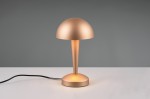 Brązowa lampa stołowa Canaria z kloszem w kształcie półkuli i stożkowym trzonem. Ustawiona na okrągłej podstawie, z widocznym przewodem zasilającym. Lampa o ciepłym świetle, idealna do biura lub sypialni.