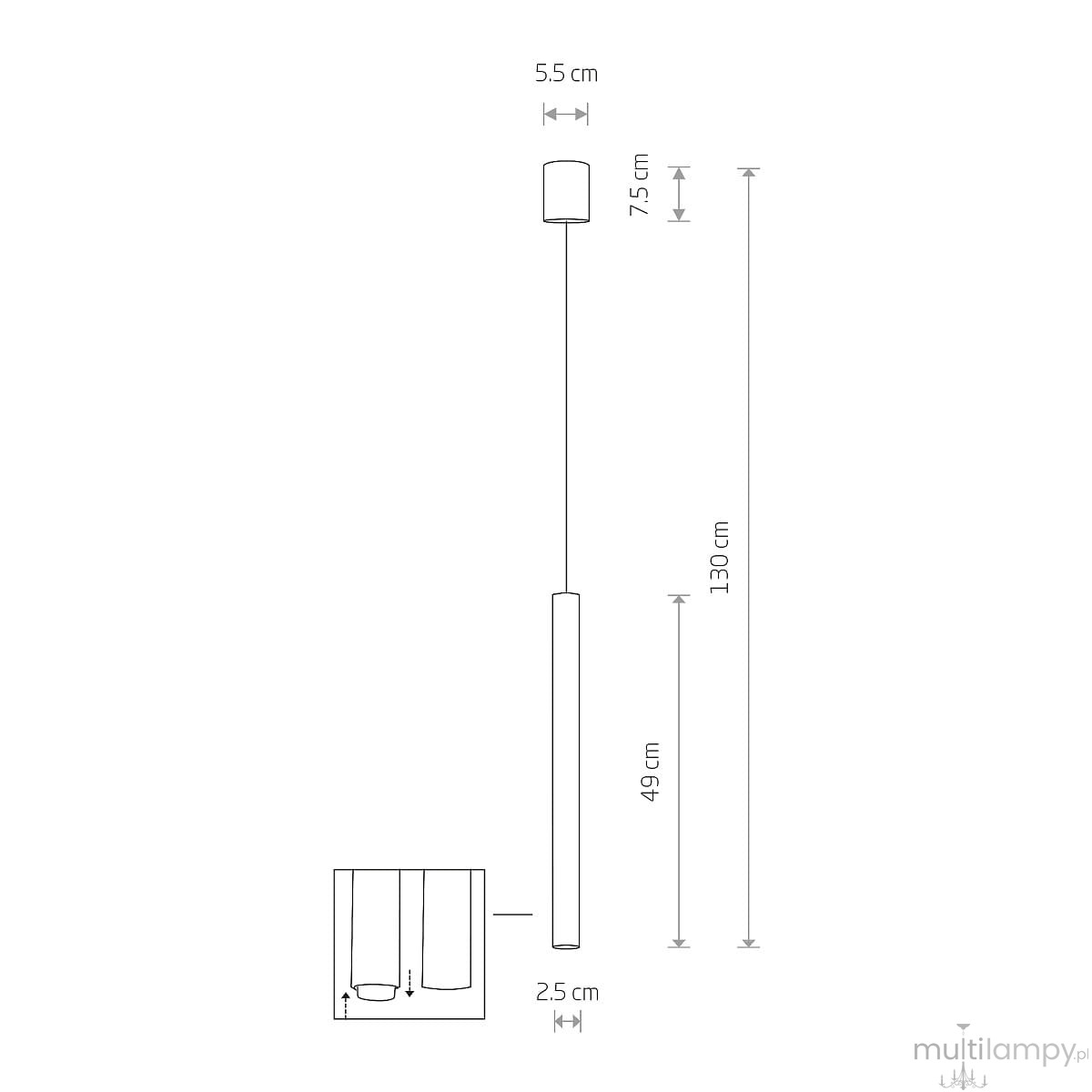 Lampa wisząca Laser 49, kolor biały, z oprawą na 1 żarówkę G9. Prosty, cylindryczny kształt o wysokości 49 cm i średnicy 2,5 cm. Zawieszona na cienkim, regulowanym kablu o długości 130 cm, z mocowaniem o średnicy 5,5 cm.