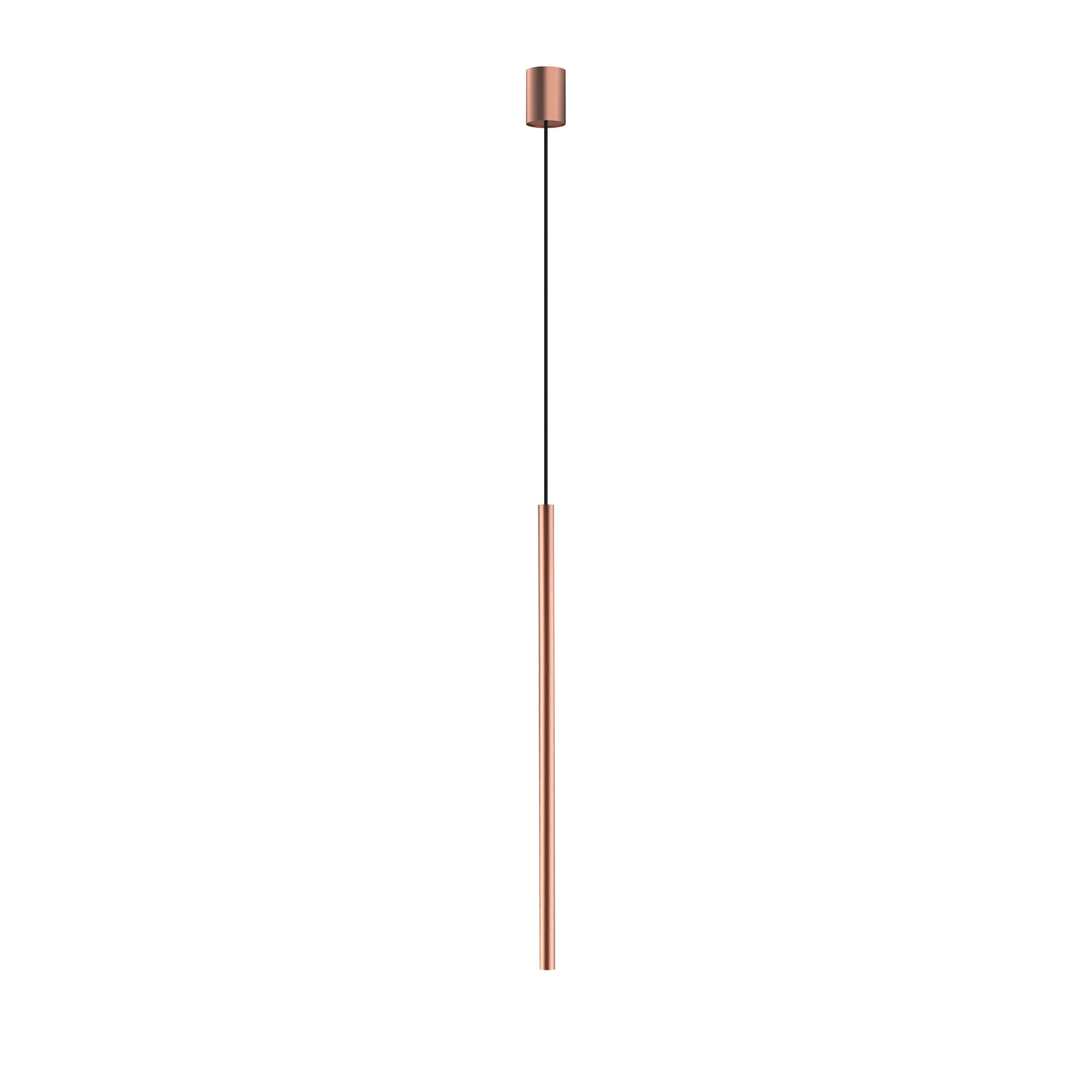 Lampa wisząca Laser 75 w kolorze miedzi z jedną oprawą G9. Ma smukły kształt, zawieszona na cienkim, czarnym przewodzie. Wysoka, minimalistyczna konstrukcja idealna do nowoczesnych wnętrz.