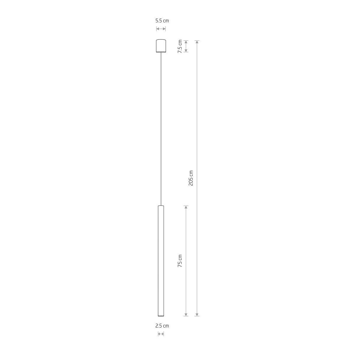 Lampa wisząca Laser 75, kolor miedziany, z jedną oprawą G9. Wymiary: wysokość 205 cm, szerokość 5,5 cm, średnica 2,5 cm. Prosty, cylindryczny kształt, zawieszona na cienkim przewodzie, idealna do nowoczesnych wnętrz.