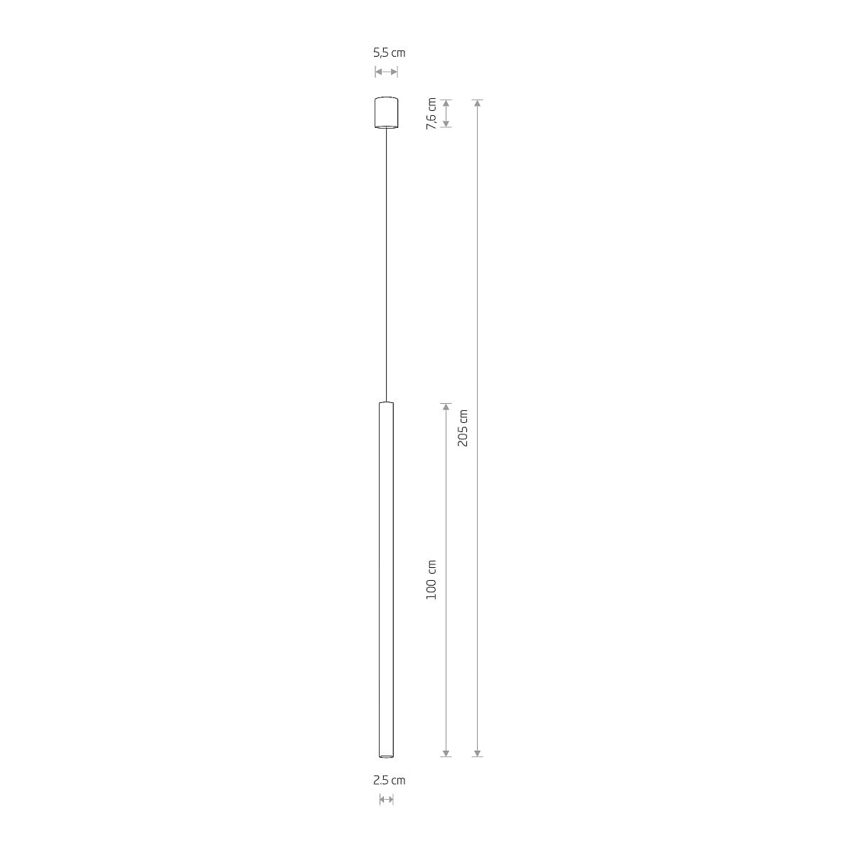 Lampa wisząca Laser 100 w kolorze miedzi, z jedną oprawką G9. Wymiary: wysokość 100 cm, szerokość 2,5 cm, szerokość mocowania 5,5 cm. Prosta, minimalistyczna forma, idealna do nowoczesnych wnętrz.
