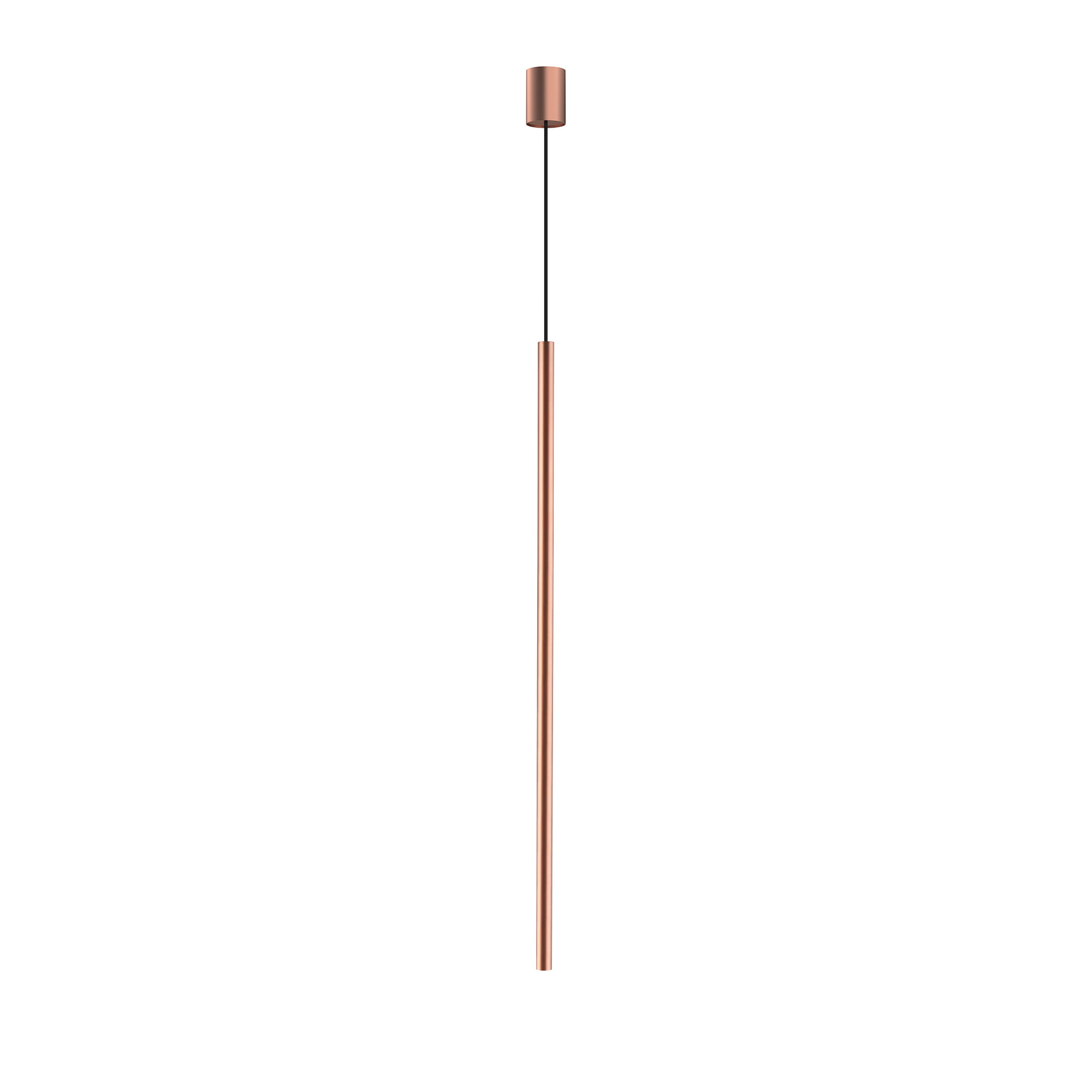 Lampa wisząca Laser 100 w kolorze miedzi z jednym gniazdem G9. Produkt ma prosty, cylindryczny kształt, zawieszony na cienkim czarnym przewodzie. Tło białe, co podkreśla minimalistyczny design lampy.