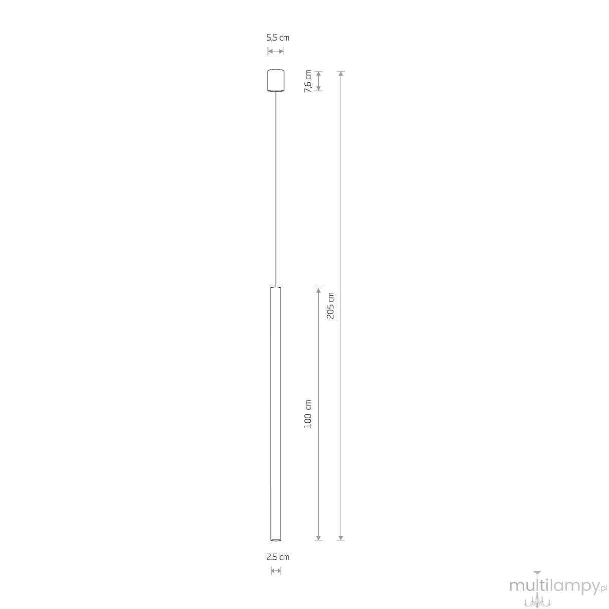 Lampa wisząca Laser 100 w kolorze złotym, z uchwytem o szerokości 5,5 cm i długości 100 cm. Ma prostokątną, minimalistyczną formę oraz miejsce na żarówkę G9. Wysokość całkowita wynosi 205 cm.