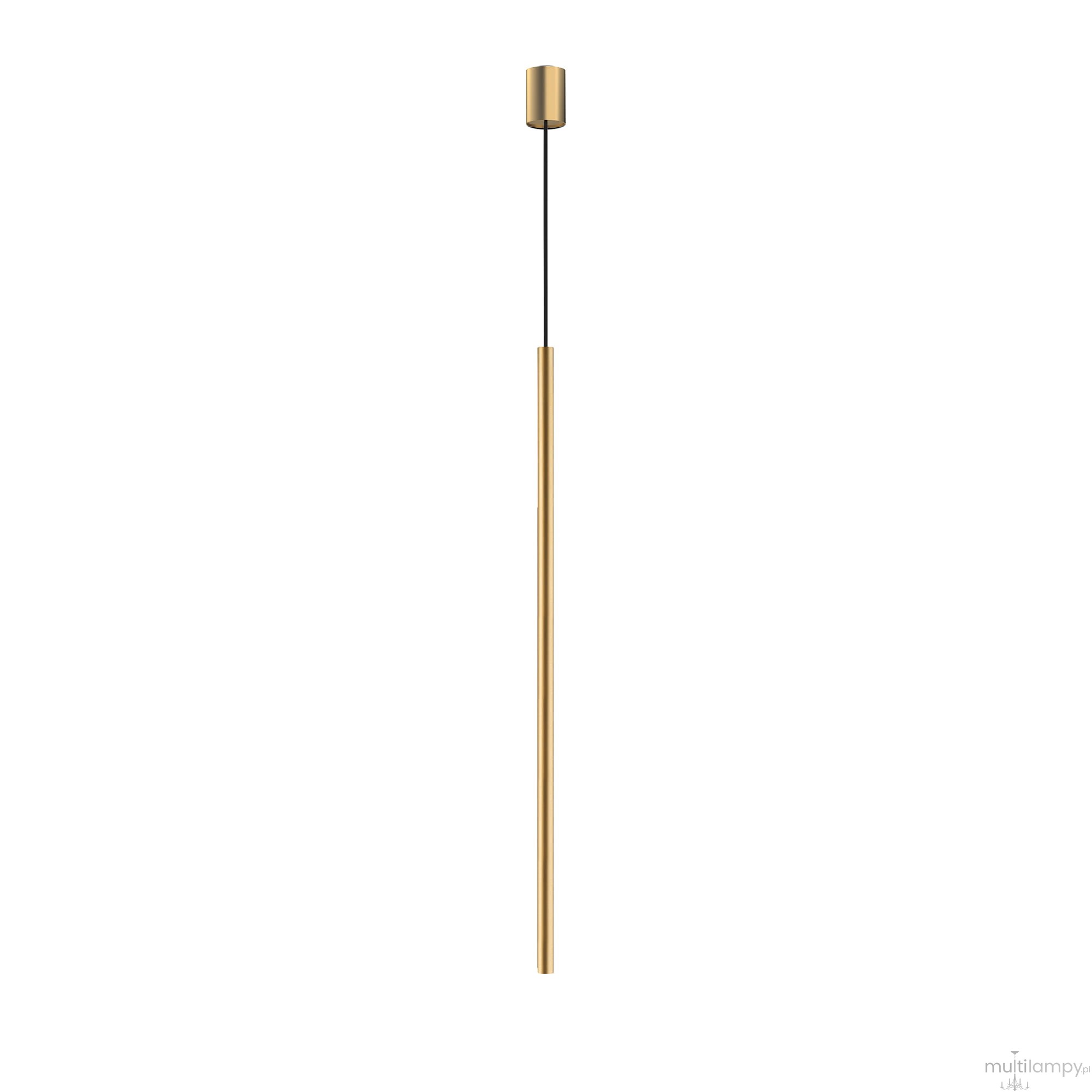 Lampa wisząca Laser 100 w kolorze złotym, z jednym gniazdem G9. Posiada prosty, smukły kształt oraz czarny kabel. Ujęcie frontalne, ukazujące całą długość lampy w minimalistycznym stylu. Tło białe, co podkreśla elegancję produktu.
