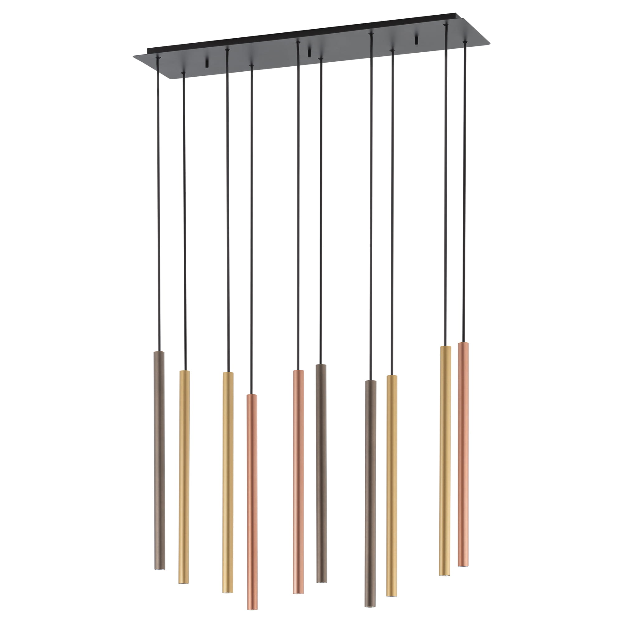 Wisząca lampa Laser z 10 źródłami G9 w różnych kolorach. Rury w kolorach złotym, miedzianym, brązowym i srebrnym zawieszone na czarnych linkach. Kąt ujęcia frontalny, produkt zamontowany na prostokątnej podstawie.