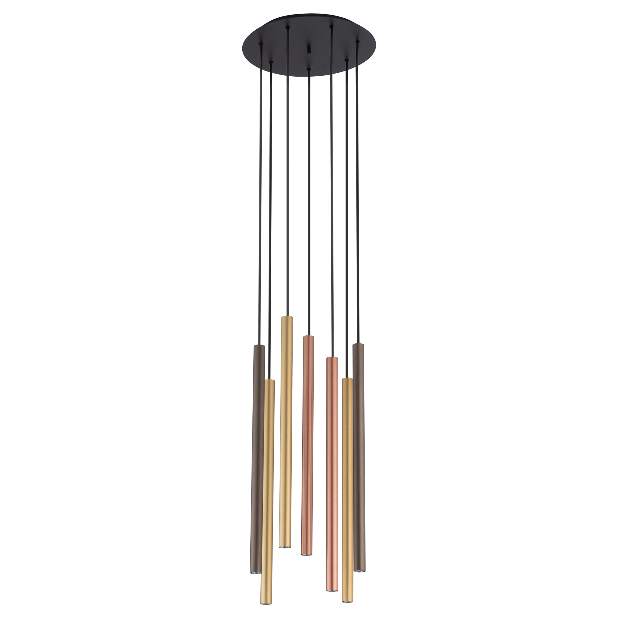 Lampa wisząca 7-punktowa w multikolorze, składająca się z sześciu cylindrycznych elementów w kolorach złotym, miedzianym, brązowym i srebrnym, zawieszona na cienkich czarnych linkach z okrągłą, czarną podsufitką.