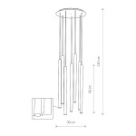 Lampa wisząca Laser 7-punktowa w multikolorze, o średnicy 30 cm i wysokości 130 cm. Składa się z pięciu długich, prostokątnych elementów zawieszonych na cienkich linkach, z regulowanym wysięgnikiem. Prosty design, idealna do nowoczesnych wnętrz.