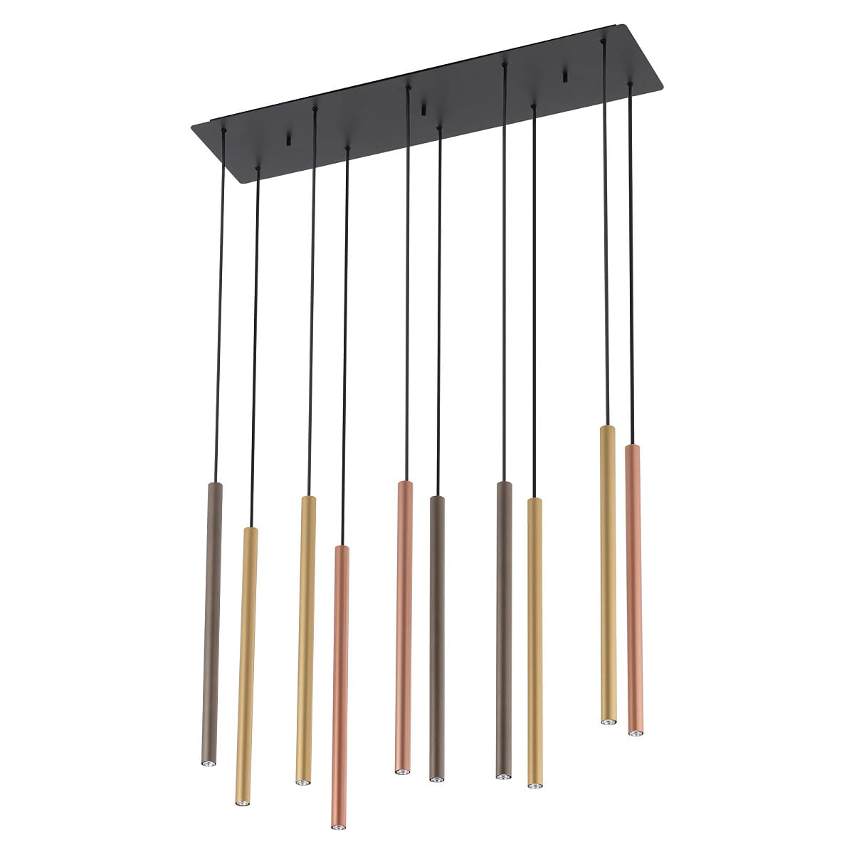 Lampa wisząca Laser z 10 źródłami światła G9 w różnych kolorach (miedziany, złoty, srebrny i brązowy). Długi, cylindryczny kształt, zawieszona na czarnych linkach, montowana do sufitu. Prosty, nowoczesny design.