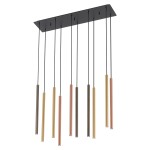 Lampa wisząca Laser z 10 źródłami światła G9 w różnych kolorach (miedziany, złoty, srebrny i brązowy). Długi, cylindryczny kształt, zawieszona na czarnych linkach, montowana do sufitu. Prosty, nowoczesny design.