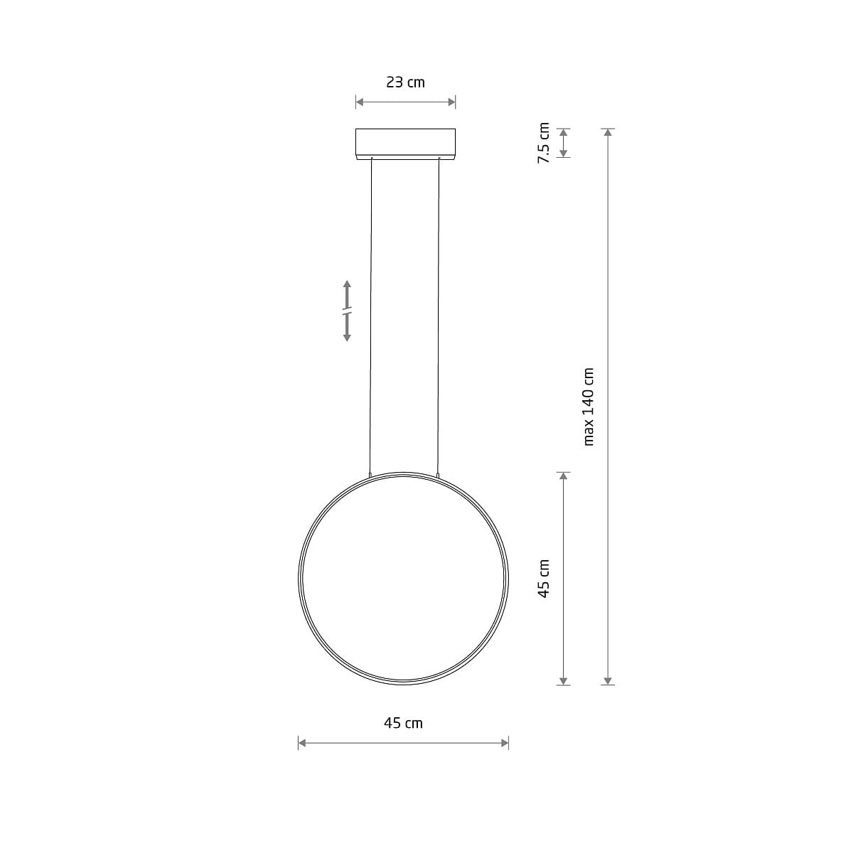 Lampa wisząca Circolo D45 w kolorze czarnym, z okrągłym kloszem o średnicy 45 cm. Wysokość maksymalna 140 cm, zawiera jedno źródło LED o mocy 18W i temperaturze barwowej 3000K. Ujęcie frontalne, z widocznym detalem mocowania.