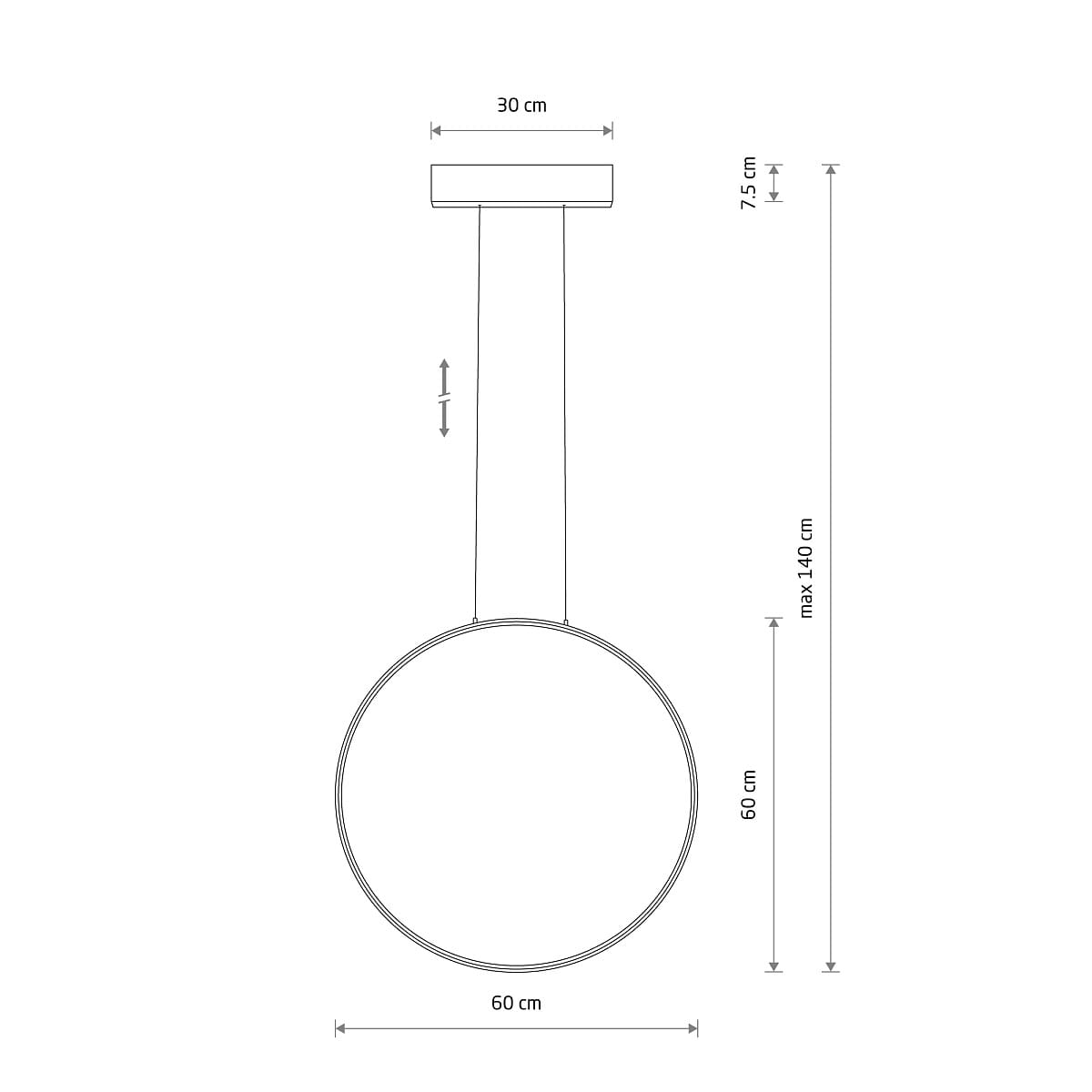 Lampa wisząca Circolo D60 w kolorze czarnym, z pojedynczym źródłem LED 21W i temperaturą barwową 3000K. Okrągły klosz o średnicy 60 cm i wysokości 60 cm, zawieszona na regulowanym przewodzie do maksymalnej długości 140 cm.