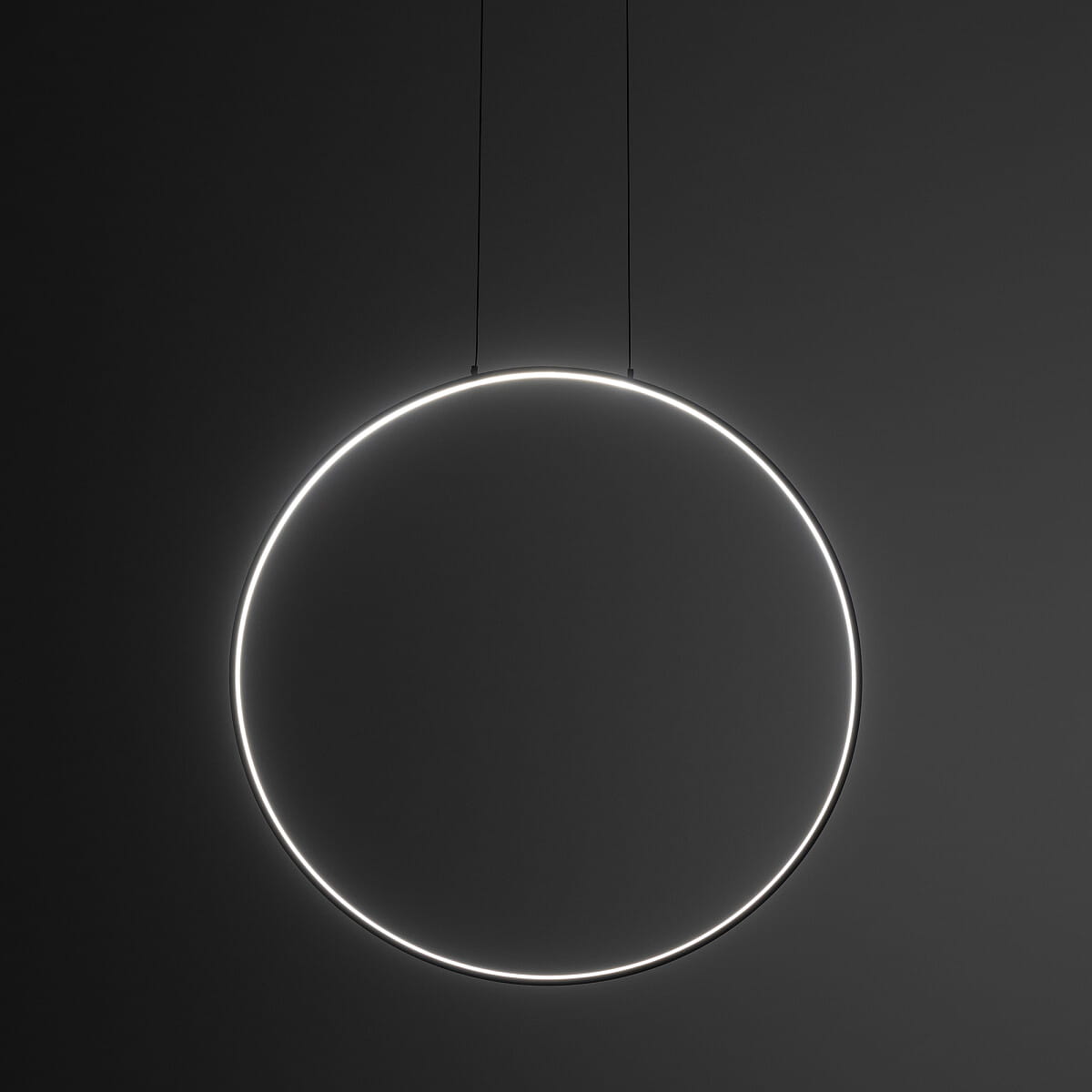 Lampa wisząca Circolo D60 w kształcie okręgu, czarna, z wbudowanym źródłem światła LED o mocy 21W i temperaturze barwowej 4000K. Zawieszona na cienkich linkach, na jednolitym, ciemnym tle.