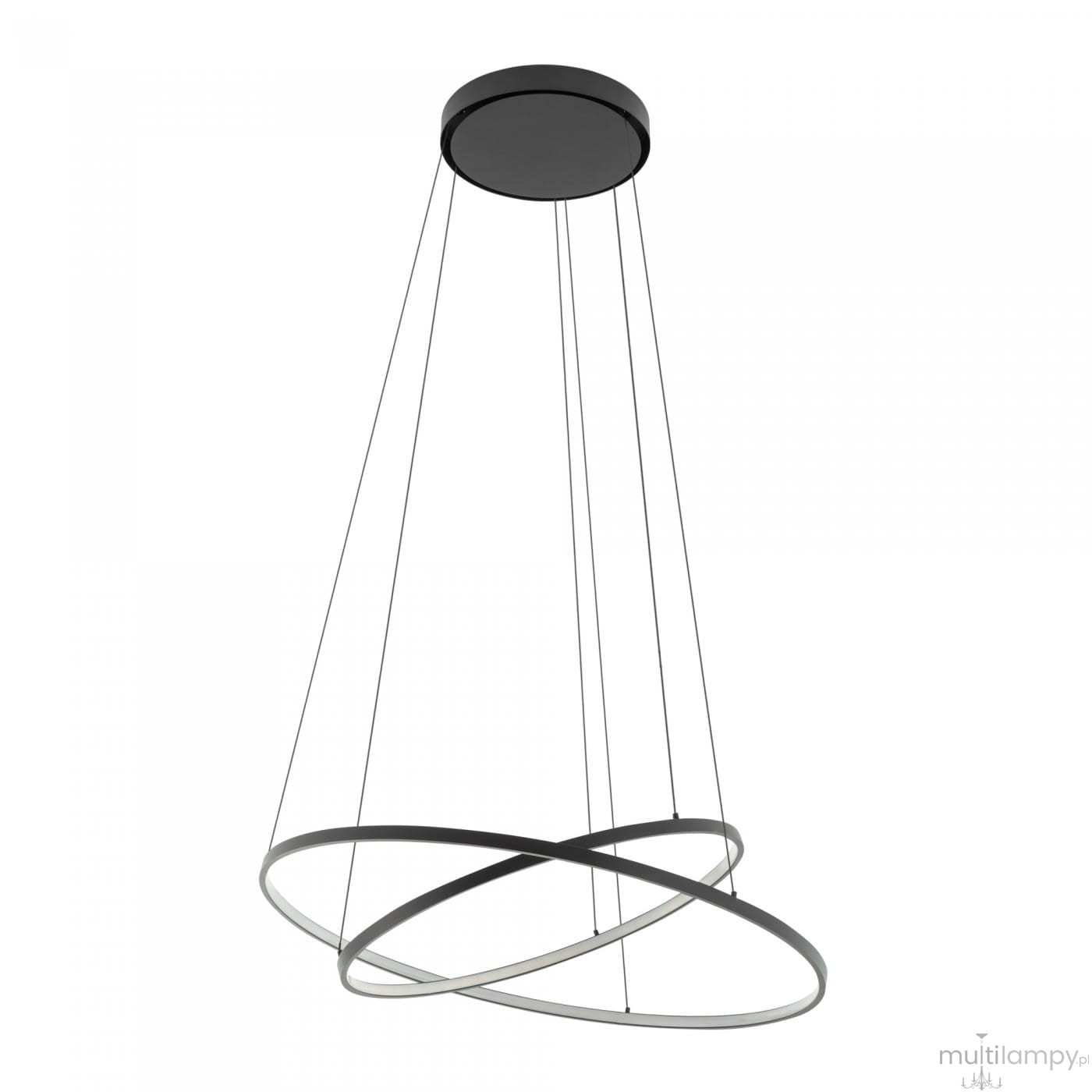 Lampa wisząca Circolo D60 w kolorze czarnym, z dwoma okrągłymi pierścieniami LED, zawieszona na cienkich linkach. Źródło światła 2x35W, temperatura barwowa 3000K. Montowana sufitowo, minimalistyczny design.