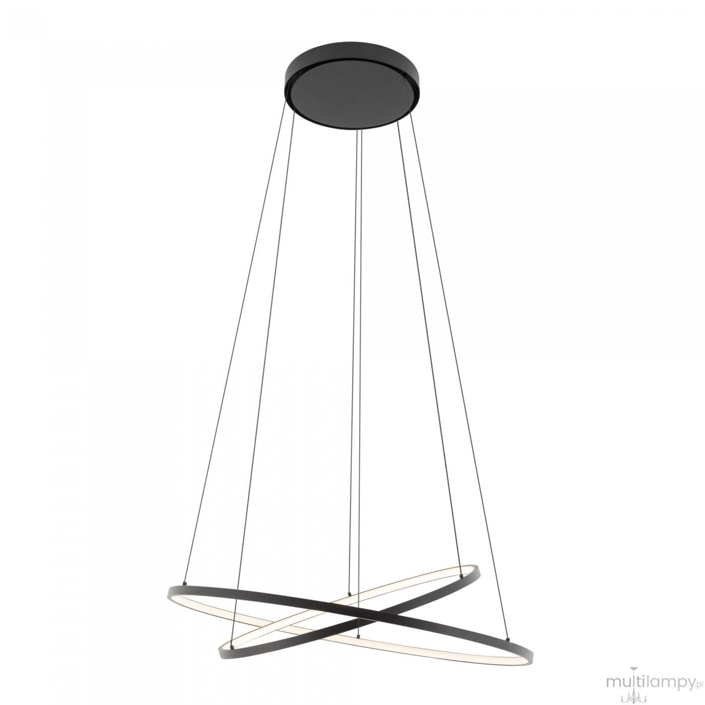 Lampa wisząca Circolo D60 w kolorze czarnym z dwoma pierścieniami LED. Posiada dwa źródła światła o mocy 35W i temperaturze barwowej 3000K. Zawieszona na cienkich linkach, z okrągłym mocowaniem sufitowym.