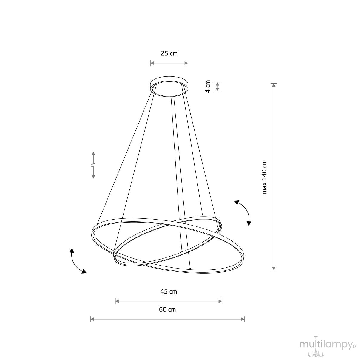 Lampa wisząca Circolo D60 w kolorze czarnym z dwoma źródłami LED, moc 35W, temperatura barwowa 3000K. Kształt podwójnego pierścienia, średnica 60 cm, maksymalna wysokość 140 cm, z detalami w postaci cienkich przewodów.