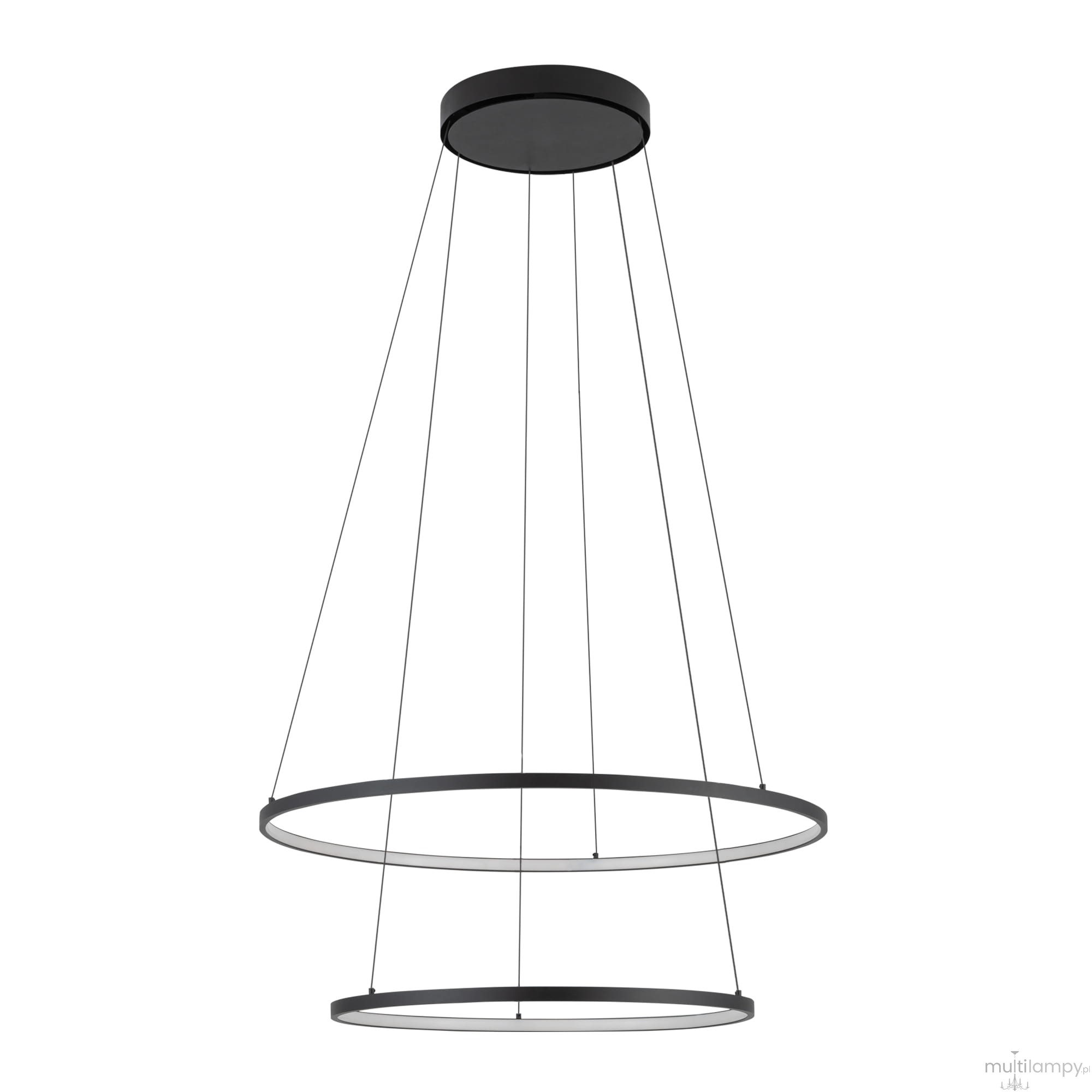 Lampa wisząca Circolo D60 w kolorze czarnym, z dwoma okrągłymi obręczami LED o mocy 35W i temperaturze barwowej 3000K. Zawieszona na cienkich linkach, o nowoczesnym designie, idealna do różnych wnętrz.