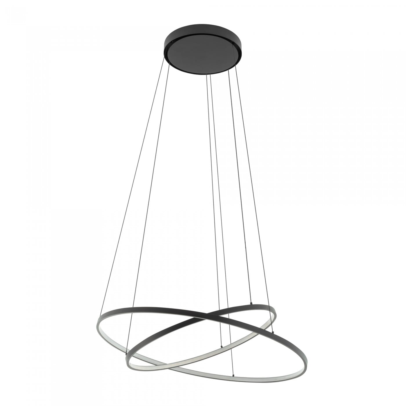 Lampa wisząca Circolo D60 w kolorze czarnym, z dwoma okrągłymi pierścieniami LED o mocy 35W i temperaturze barwowej 4000K. Produkt zawieszony na cienkich linkach, z okrągłym, czarnym mocowaniem sufitowym.