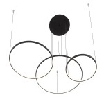 Lampa wisząca Circolo D125 w kolorze czarnym, z trzema okrągłymi pierścieniami LED, zawieszona na cienkich linkach. Źródło światła o mocy 45W i temperaturze barwowej 4000K. Montaż sufitowy.