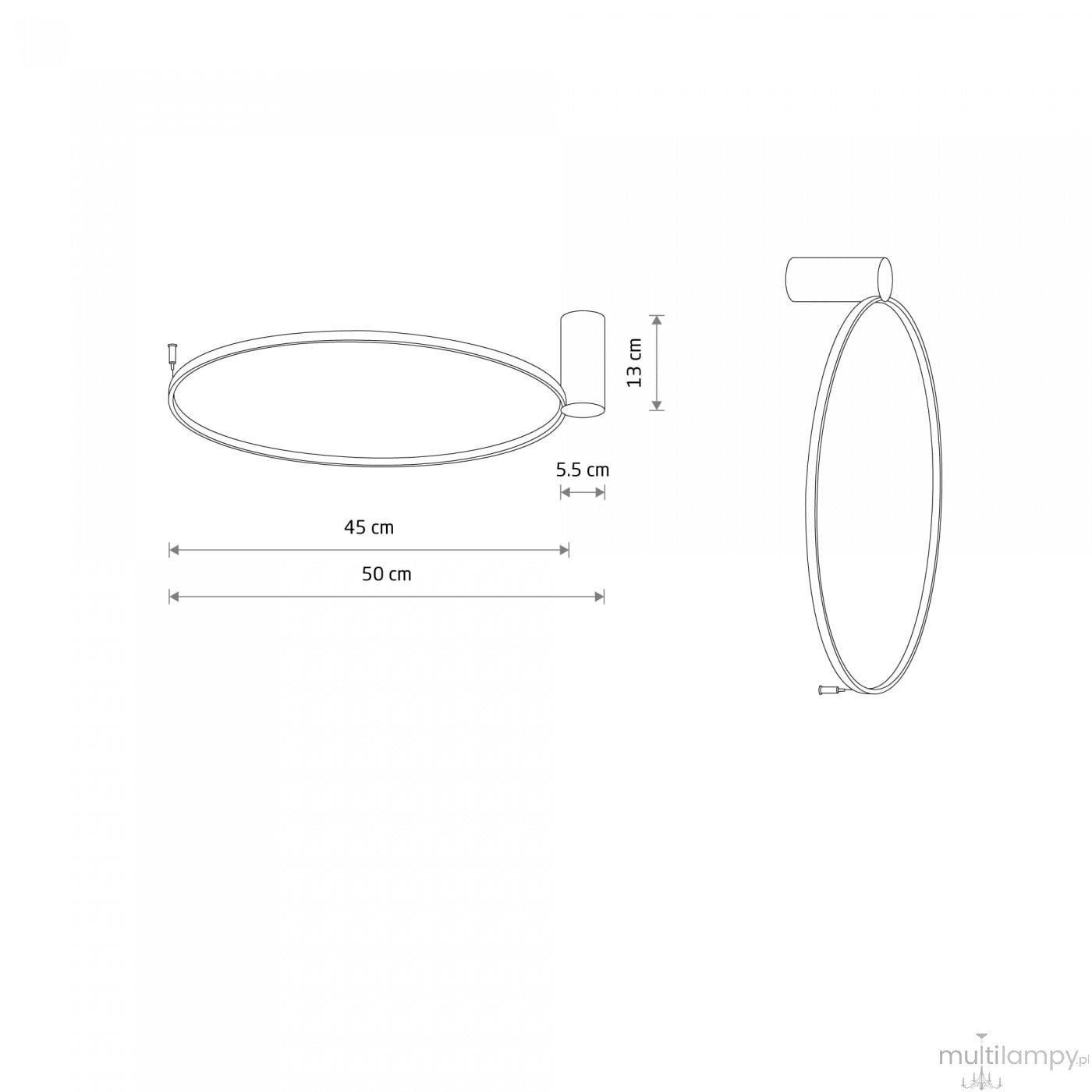 Czarna lampa sufitowa Circolo D45, w kształcie elipsy, o wymiarach 45 cm x 50 cm i wysokości 13 cm. Posiada oprawę na 1 żarówkę LED 18W, 3000K. Montowana na suficie, z minimalistycznym designem, odpowiednia do nowoczesnych wnętrz.