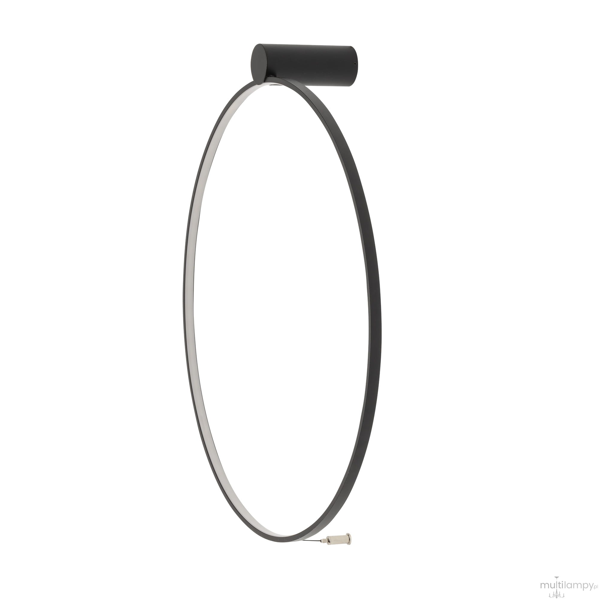 Czarna lampa sufitowa Circolo D60 z jedną diodą LED o mocy 21W i temperaturze barwowej 4000K. Okrągły kształt z minimalistycznym, metalowym wykończeniem. Ujęcie z boku, pokazujące detal konstrukcji i przewód zasilający.