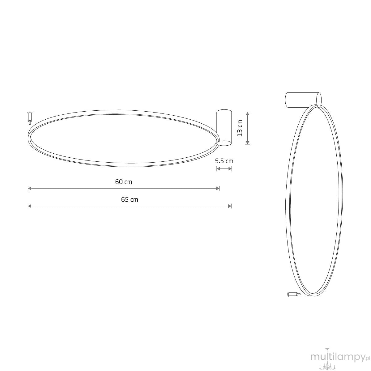 Czarna lampa sufitowa Circolo D60 o wymiarach 60 cm x 65 cm, z wysokością 13 cm. Posiada oprawę na 1 LED o mocy 21W i barwie światła 4000K. Kształt owalny, zamontowana na suficie, z eleganckim, minimalistycznym designem.