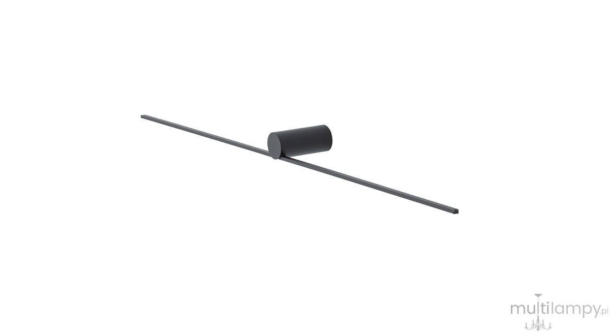 Czarny kinkiet Spin 99 z jedną diodą LED o mocy 14W i temperaturze barwowej 3000K. Produkt ma minimalistyczny design, składający się z cylindrycznej podstawy oraz poziomego ramienia. Ujęcie pokazuje kinkiet z boku na prostym tle.