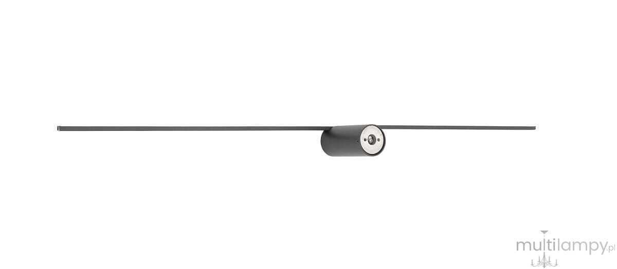 Kinkiet Spin 99 w kolorze czarnym, z jedną diodą LED o mocy 14W i temperaturze barwowej 3000K. Produkt ma cylindryczny korpus z metalowym wykończeniem oraz długi, prostokątny klosz, montowany poziomo na ścianie.