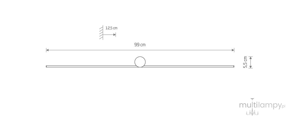 Czarny kinkiet Spin 99 o długości 99 cm, wysokości 5,5 cm i głębokości 12,5 cm. Zawiera jedną diodę LED o mocy 14W i temperaturze barwowej 3000K, posiada minimalistyczny design z okrągłym elementem centralnym.