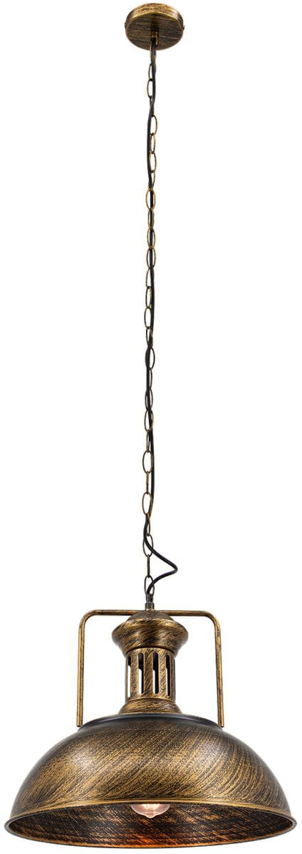 Wisząca lampa loftowa z metalowym kloszem w kolorze czarnym i złotym, zawieszona na długim łańcuchu. Klosz ma okrągły kształt i widoczne otwory wentylacyjne, co podkreśla industrialny styl. Długość zawieszenia umożliwia regulację wysokości.
