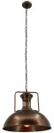Czarna lampa wisząca Loft z metalowym kloszem w miedzianym odcieniu, zawieszona na łańcuchu. Klosz ma okrągły kształt z dekoracyjną górną częścią i otworem na żarówkę E27. Produkt wisi w pozycji pionowej.