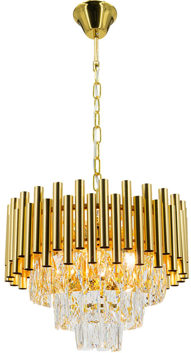Lampa wisząca Bari 4xE27 w kolorze złotym, z metalowymi rurkami w górnej części oraz kryształowymi elementami na dole. Zawieszona na łańcuszku, z okrągłym mocowaniem sufitowym, prezentuje elegancki design.