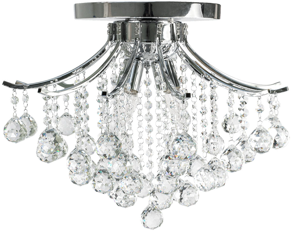 Lampa sufitowa Wenecja 4-punktowa w chromie, z dekoracyjnymi kryształowymi zwisami, umieszczona na okrągłej podsufitce. Widoczne eleganckie, opalizujące elementy w kształcie kropli i kul. Ułożona w sposób wiszący, z efektem świetlnym.