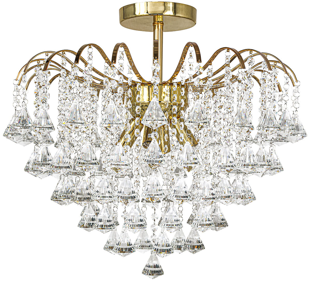 Złota lampa sufitowa 4-punktowa z kryształowymi elementami, w kształcie piramid, z wiszącymi łańcuszkami. Montowana na suficie, z eleganckim wykończeniem. Detaliczny projekt, idealna do stylowych wnętrz.