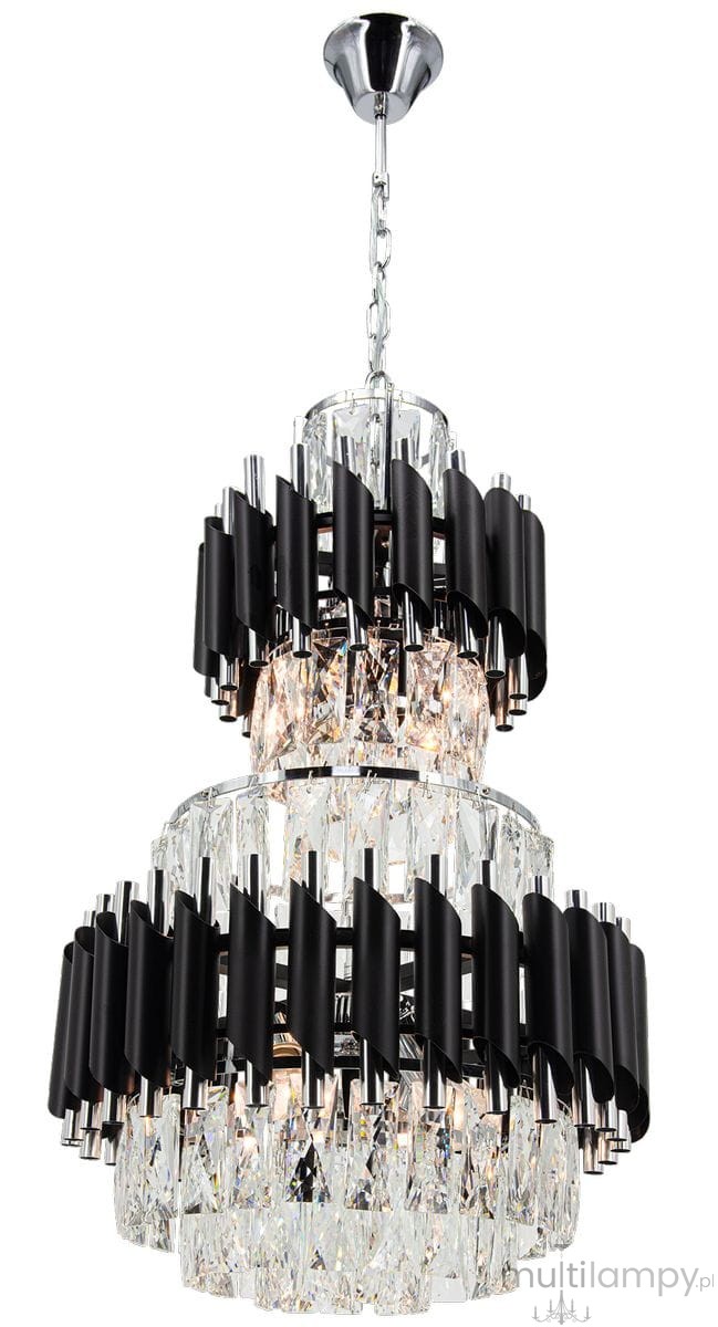 Lampa wisząca Wersal 6xE27 w kolorze chromu i czerni, z przezroczystymi kryształkami. Kształt okrągły, złożona z dwóch poziomów. Ujęcie z przodu, produkt zawieszony na łańcuchu, z widocznym mocowaniem sufitowym.