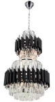 Lampa wisząca Wersal 6xE27 w kolorze chromu i czerni, z przezroczystymi kryształkami. Kształt okrągły, złożona z dwóch poziomów. Ujęcie z przodu, produkt zawieszony na łańcuchu, z widocznym mocowaniem sufitowym.