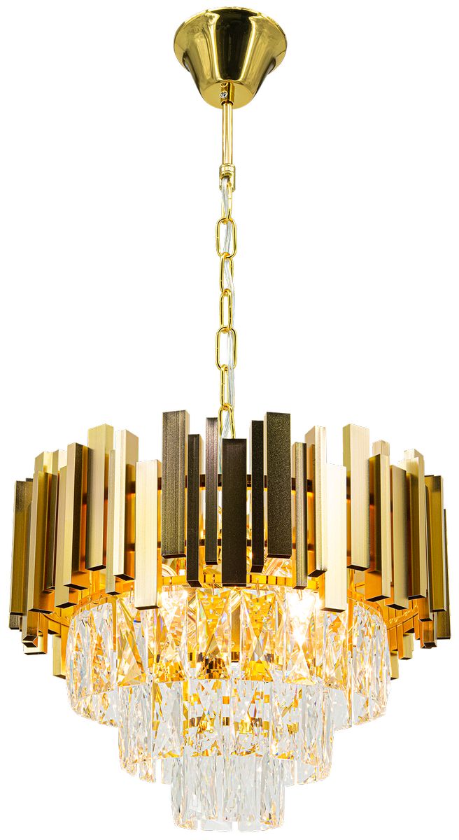 Lampa wisząca Valetta 4xE27 w kolorze złotym, z metalowymi elementami i kryształowymi detalami. Ujęcie frontalne, wisi na złotej łańcuchu. Posiada prostokątne, pionowe panele oraz ozdobne kryształy u dołu, tworząc elegancki efekt świetlny.