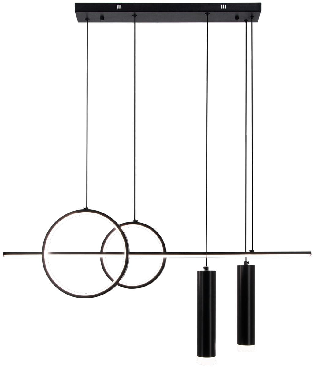 Lampa wisząca Moderno w kolorze czarnym, z dwiema okrągłymi żarówkami LED oraz trzema cylindrycznymi kloszami. Elementy zawieszone na cienkich linkach, zamontowane na prostokątnej, czarnej podstawie. Idealna do nowoczesnych wnętrz.