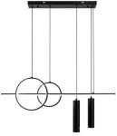 Lampa wisząca Moderno w kolorze czarnym, z dwiema okrągłymi żarówkami LED oraz trzema cylindrycznymi kloszami. Elementy zawieszone na cienkich linkach, zamontowane na prostokątnej, czarnej podstawie. Idealna do nowoczesnych wnętrz.