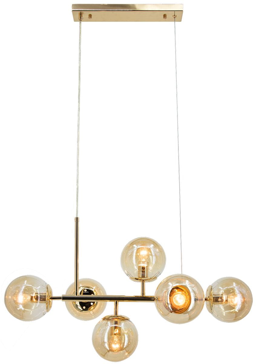 Lampa wisząca Paco 6xE14 w kolorze złotym, z sześcioma okrągłymi kloszami ze szkła, zawieszona na cienkich linkach. Kształt nowoczesny, z metalowym stelażem. Wymiary i detale konstrukcyjne nieczytelne na zdjęciu.
