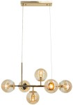 Lampa wisząca Paco 6xE14 w kolorze złotym, z sześcioma okrągłymi kloszami ze szkła, zawieszona na cienkich linkach. Kształt nowoczesny, z metalowym stelażem. Wymiary i detale konstrukcyjne nieczytelne na zdjęciu.